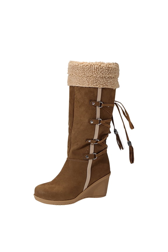 Women Fashionable Casual Slope Heel Suede Mouth Tied High Top Boots Khaki 9