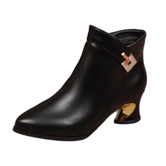 KEGIRLOM Women Fashionable Casual Soft Sole Low Heel Versatile Shallow Mouth Soft Leather Thick Heel Patent Leather Pointed British Style Fashion Boots Black 6.5