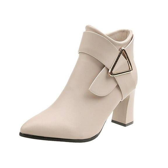 KEGIRLOM Women Fashionable Casual Solid Color Versatile Belt Buckle Style Thick Heel Mid Heel And Ankle Boots Beige 8.5