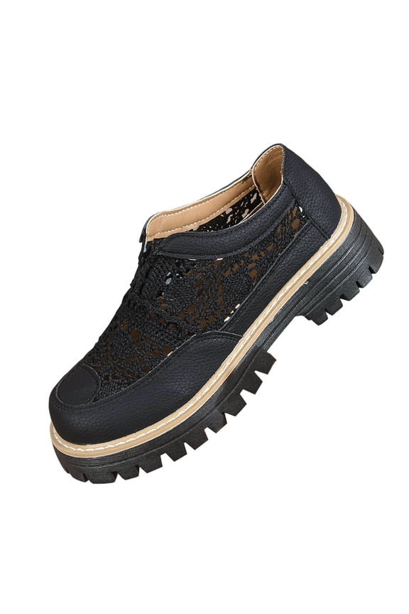 Women Fashionable Casual Solid Color Versatile Low Heel Spring Style Round Toe Sole Hollow Weave Comfortable Thick Sole Large Shoe Black 9