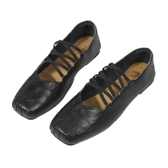 KEGIRLOM Women Fashionable Casual Square Toe Strap Comfortable And Versatile Solid Color Flat Sole Shoe Black Size 5.5