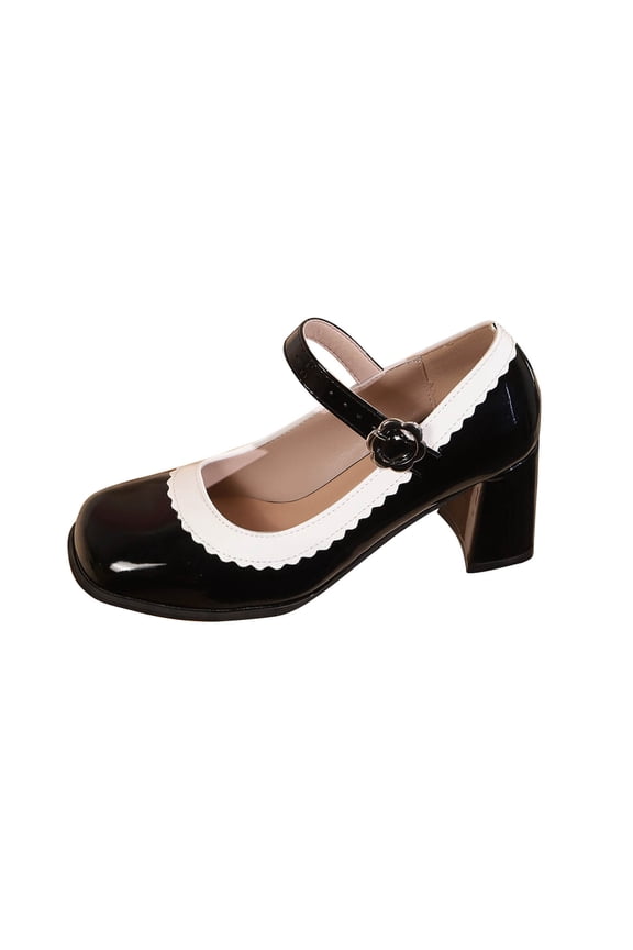Women Fashionable And Casual Summer Style Thick Heel High Heel Spring Patent Leather Toe Mary One Button Oversized Leather Shoes Black Size 7.5