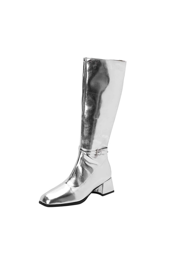 Women Fashionable Casual Thick Heel Round Toe Pants With Side Zipper Maillard Western Slim Boots Silver Size 7