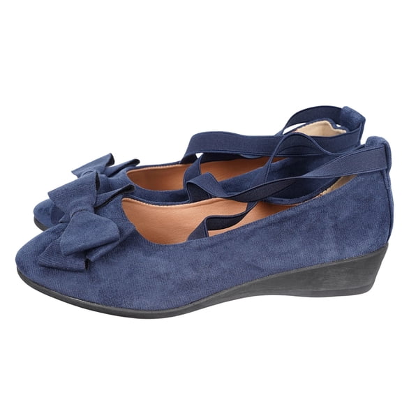 KEGIRLOM Women Fashionable Casual Versatile Bow Comfortable Breathable Elastic With Wedge Heel Large Shoe Blue Size 7