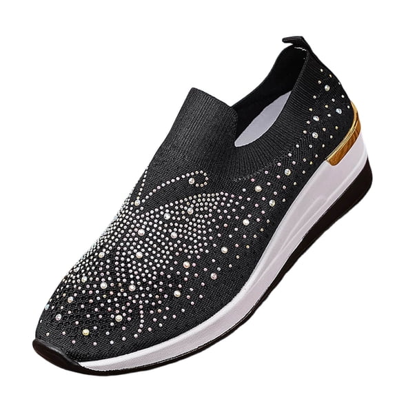 KEGIRLOM Women Fashionable Casual Versatile Breathable Oversized Wedge Heel With Diamond Studded Fly Woven Shoe Black 6