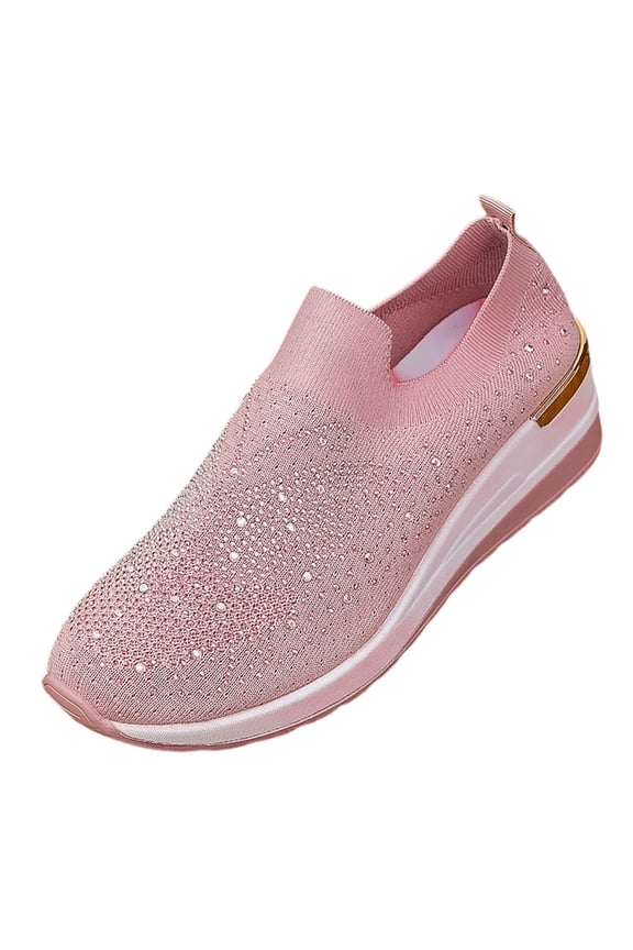 Women Fashionable Casual Versatile Breathable Oversized Wedge Heel With Diamond Studded Fly Woven Shoe Pink 7.5