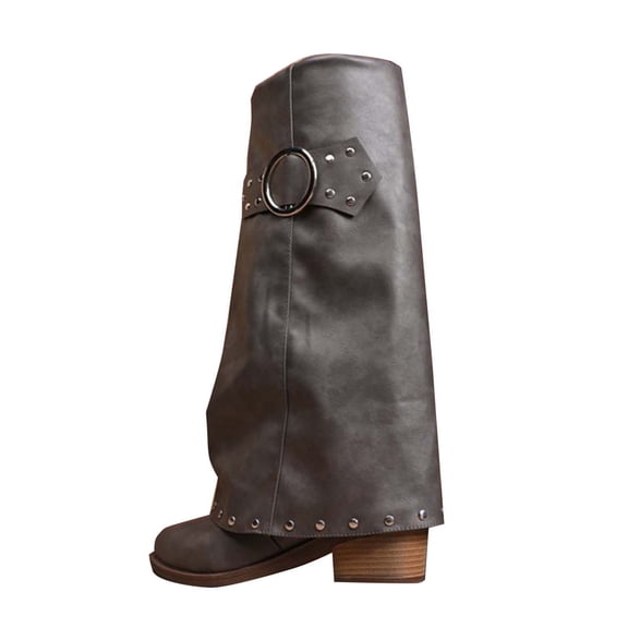 KEGIRLOM Women Fashionable And Casual Versatile British Style Spicy Girl Mid Tube Solid Color Below The Knee Fashion Pointed Belt Buckle Decoration Pants And Boots Gray 8.5