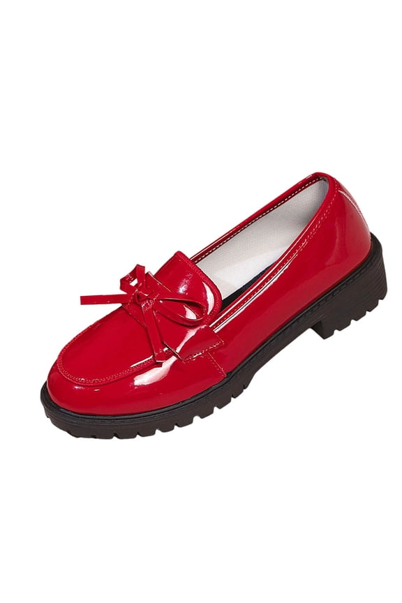 Women Fashionable And Casual Versatile Round Toe British Style Shiny Small Leather Shoes With Round Toe Bow And Trendy Matching Shoes Red Size 6