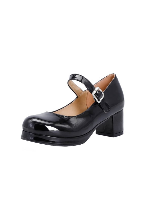 Women Fashionable And Casual Versatile Shallow Mouth Round Toe Candy Colored Patent Leather Thick Heel With A Center Heel Ladies' Line Shoes Black Size 9.5