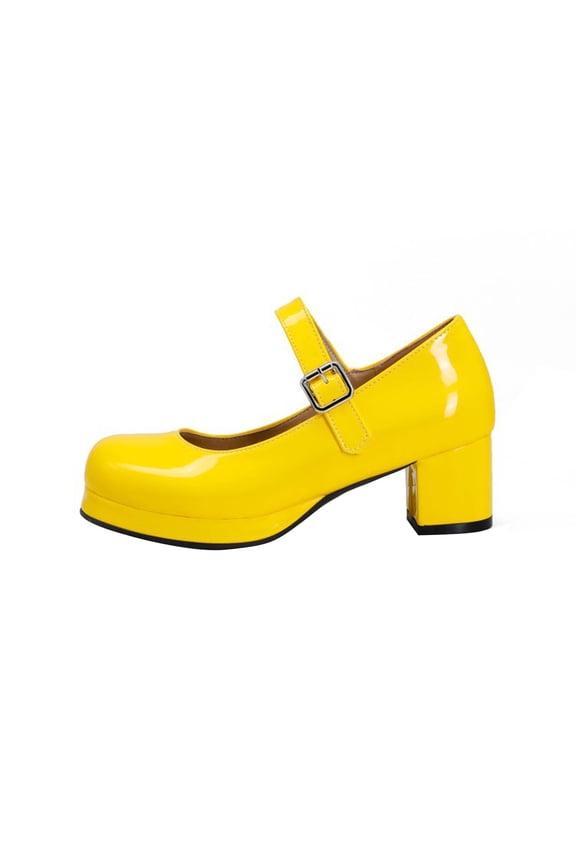 Women Fashionable And Casual Versatile Shallow Mouth Round Toe Candy Colored Patent Leather Thick Heel With A Center Heel Ladies' Line Shoes Yellow Size 9