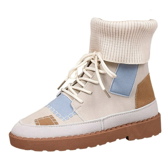 KEGIRLOM Women Fashionable Casual Versatile Splicing Winter Round Toe Mid Tube Lace Up Yarn Mouth Short Boots Beige 6.5