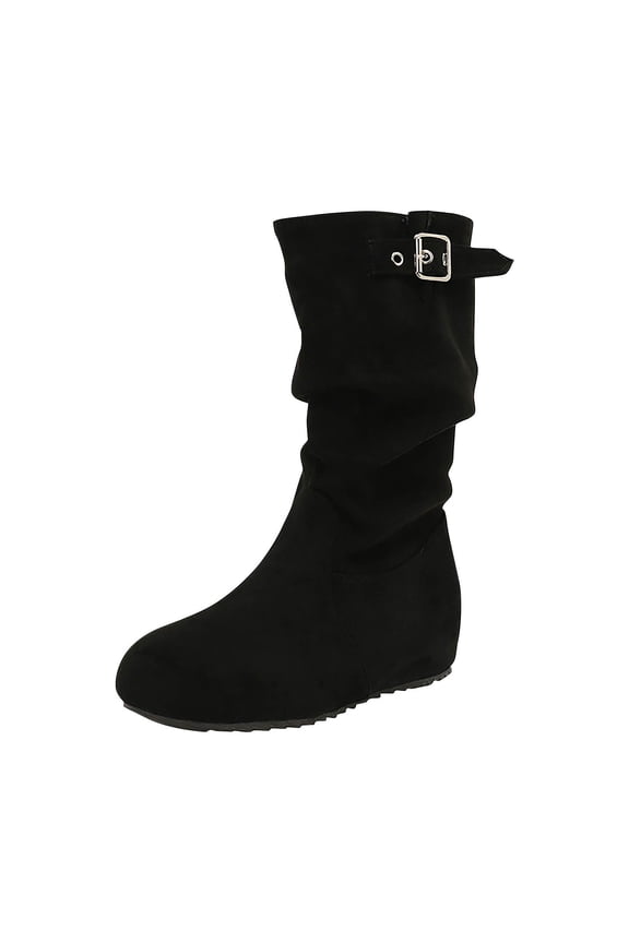 Women Fashionable Casual Versatile Trendy And Cool Mid Tube High Sloping Heel Belt Buckle Sleeve Western Cowboy Boots Black 7