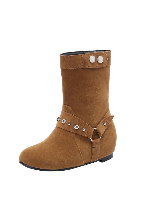 Women Fashionable Casual Versatile Trendy And Cool Suede Round Toe Sloping Heel Increased Height Belt Buckle Midsole Boots Yellow 9