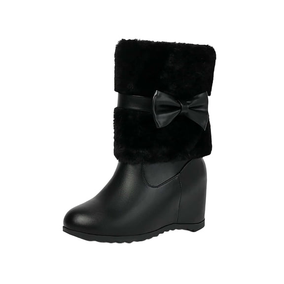 KEGIRLOM Women Fashionable Casual Versatile Trendy Cool Cute Warm With Bow Round Toe Sloping Heel Thick Short Boots Black Size 6