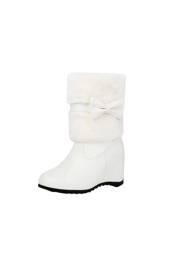Women Fashionable Casual Versatile Trendy Cool Cute Warm With Bow Round Toe Sloping Heel Thick Short Boots White Size 9