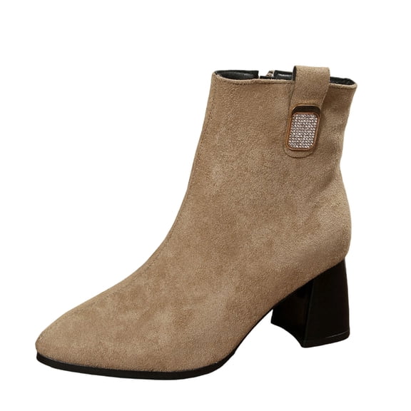 KEGIRLOM Women Fashionable Casual Winter Versatile Rhinestone Mid Heel Pointed Thick Heel Boots Khaki 6