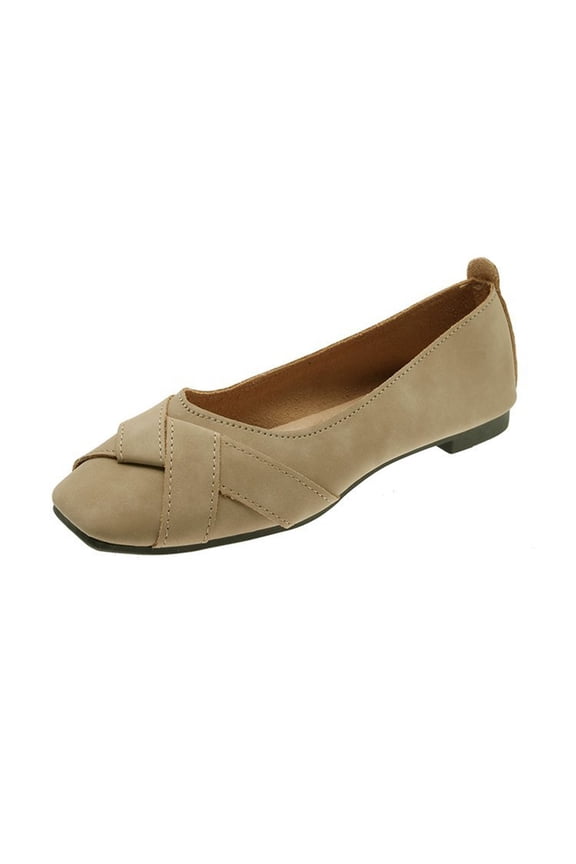 Women Fashionable Soft Leather Gentle Color Soft-soled Flat-bottomed Versatile Casual Shoes Khaki Size 6