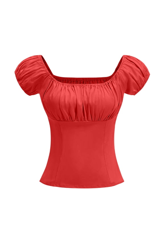 Women Rockabilly 1950s Pinup Peasant Top Square Neck Puff Short Sleeve Vintage Slim Fitted Tees Red L