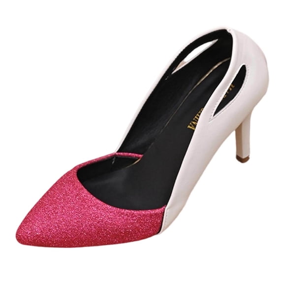KEGIRLOM Women Spring/Summer Trendy Pointed Color Blocked Fine Heel Hollow Large High Heels Hot Pink 7.5