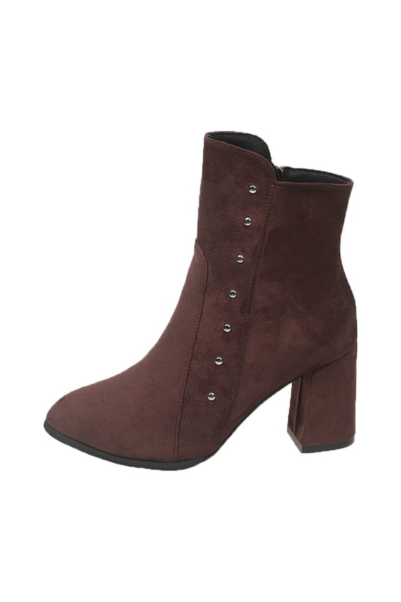 Women Warm And Versatile Large Pointed Coarse Heel Winter Fashionable Mid Heeled Short Legged Boots Wine Size 9