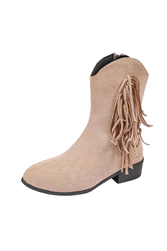 Women Warm And Versatile Plus Size Winter Fashion Tassel Side Zipper Thick Heel Midsole Boots Beige Size 6