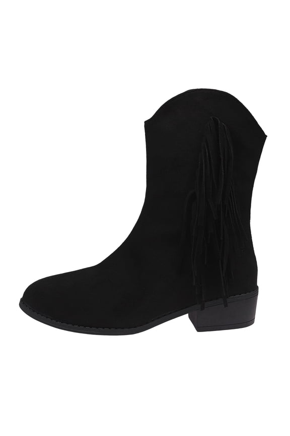 Women Warm And Versatile Plus Size Winter Fashion Tassel Side Zipper Thick Heel Midsole Boots Black Size 5.5