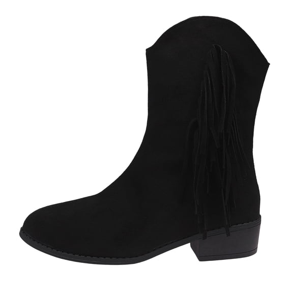 KEGIRLOM Women Warm And Versatile Plus Size Winter Fashion Tassel Side Zipper Thick Heel Midsole Boots Black Size 8.5