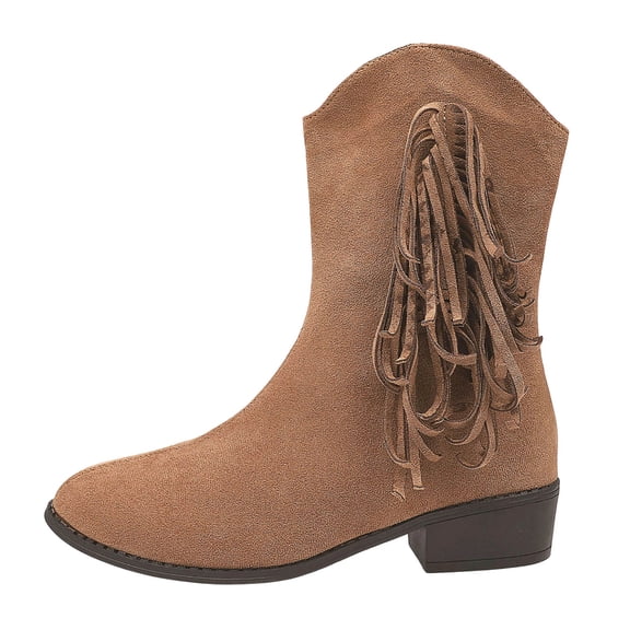 KEGIRLOM Women Warm And Versatile Plus Size Winter Fashion Tassel Side Zipper Thick Heel Midsole Boots Brown Size 9