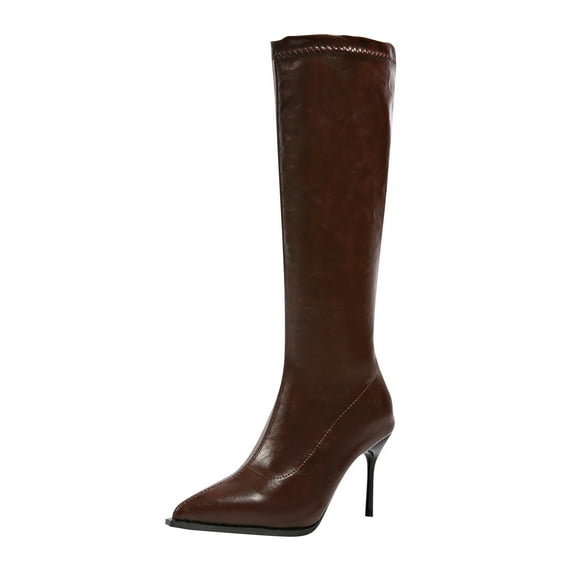 KEGIRLOM Women's All-Match Pointed Toe Large Size Leather Boots Fall And Winter Style Comfortable High Heel High Boots Brown 6.5