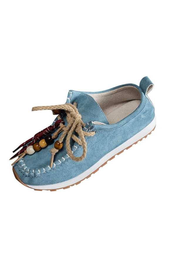 Women's Casual Versatile Bohemian Style Rope Knot Beaded Thick-Soled Shoes Fall And Winter Trendy Multi-Color Wedge Heels Light Blue Size 7