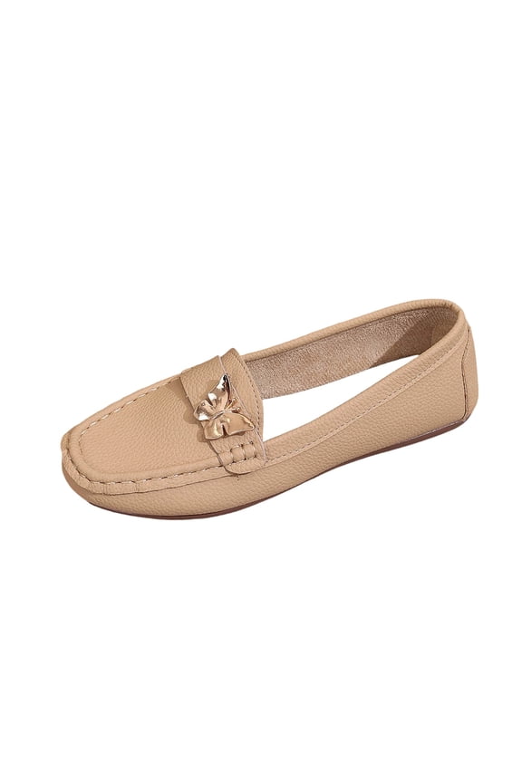 Women's Casual Versatile Round-Toe Low-Heeled Comfortable Shoes With Embellishments Plus Size Spring/Summer Style Trendy Soft-Soled Loafers. Khaki 7.5