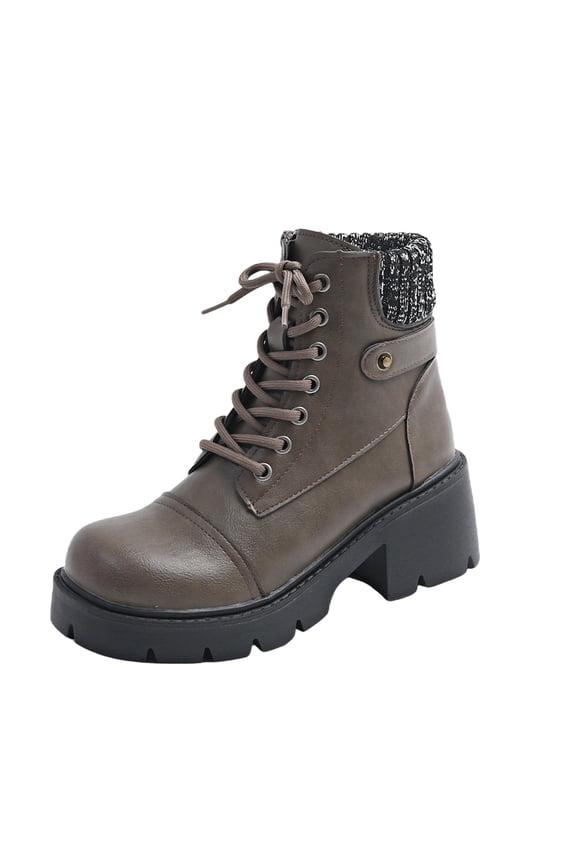 Women's Casual Versatile Sweet Cool Thick Bottom Fashionable Fall And Winter Square Toe Lace-Up Fashion Boots Coffee 5.5