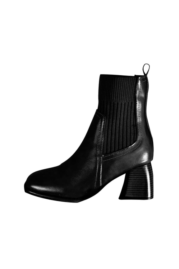 Women's Casual Winter Ankle Boots Solid Color Splicing Toe Flying Woven Elastic Thick Heel High Heel Ankle Boots Black 6.5