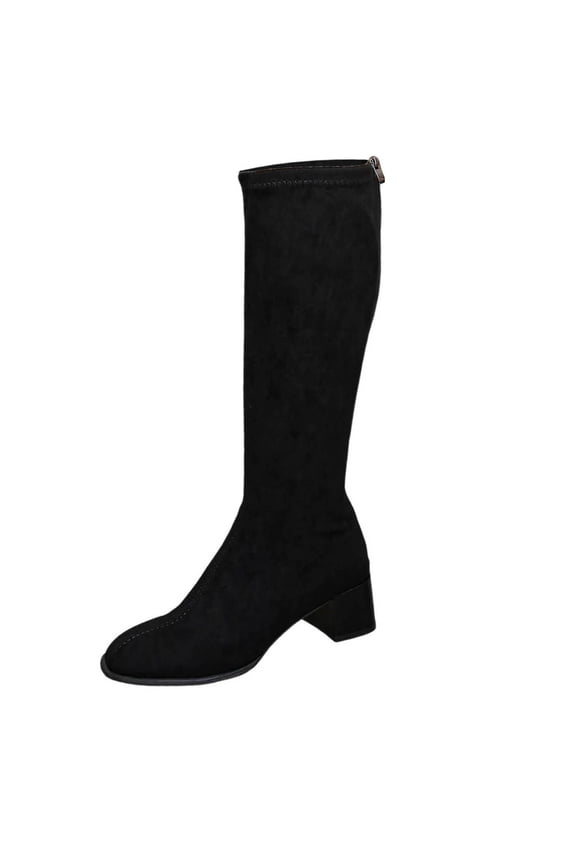 Women's Fashion And Casual Versatile Suede Round Toe Thick Heel Zipper High Heel Below The Knee Mid-Calf Boots Black 9