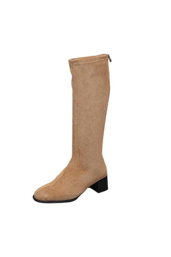 Women's Fashion And Casual Versatile Suede Round Toe Thick Heel Zipper High Heel Below The Knee Mid-Calf Boots Khaki 6