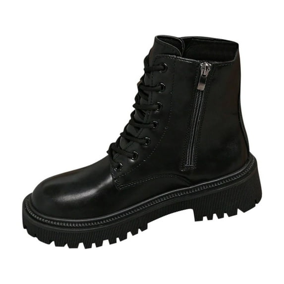 KEGIRLOM Women's Fashion Casual And British Style Short Boots Solid Color Round Toe Lace-Up Thick Bottom Low Heel Ankle Boots Black 7.5