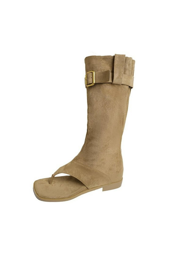 Women's Fashion Casual And Summer Long Boots Square Toe Clip Toe Open Toe Low Heel Knee-High Stacked Boots Khaki 5.5