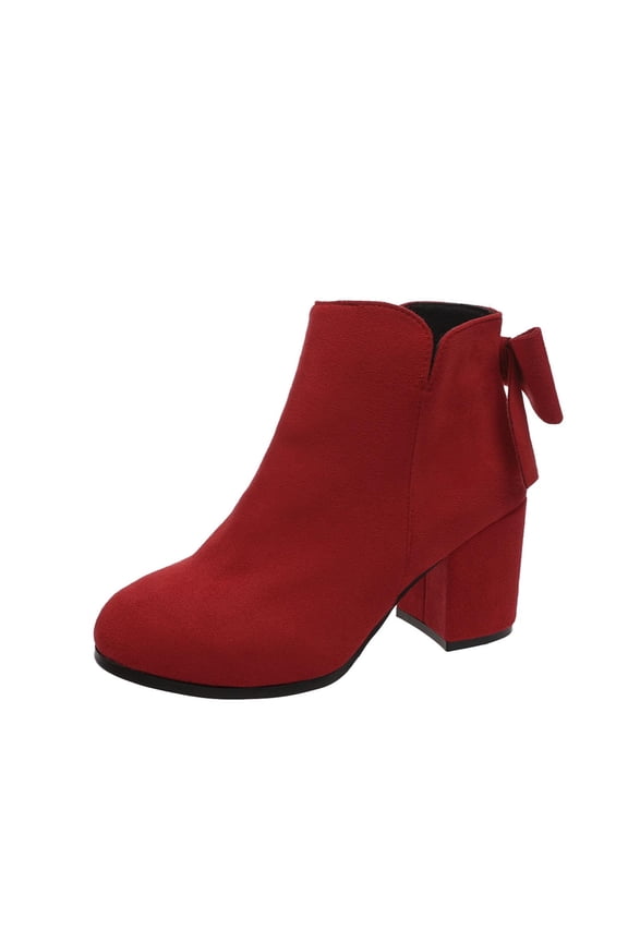 Women's Fashion Casual Ankle Boots Solid Color Large Bowknot Round Toe Side Zipper Heel High Heel Ankle Boots Red 9
