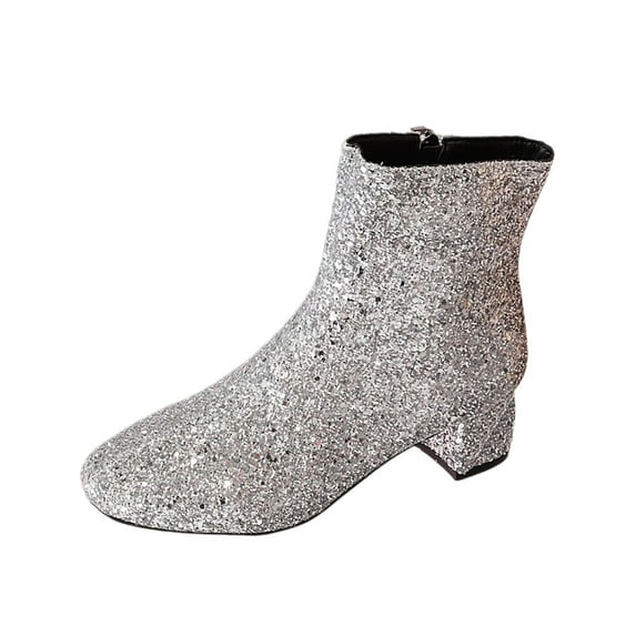 KEGIRLOM Women's Fashion Casual Ankle Boots Solid Color Sequins Round Toe Side Zipper Chunky Heel Low Heel Mid-Calf Boots Silver Size 7