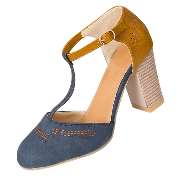 KEGIRLOM Women's Fashion Casual High Heel Closed Toe Colorblock Sandals Round Toe T-Back Thick Heel Sandals Blue 8.5