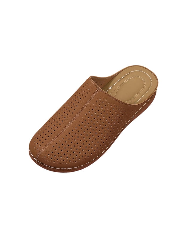 Women's Fashion Casual Hollow Solid Color Baotou Sandals Thick Bottom Half Slippers Wedge Heels Brown 7