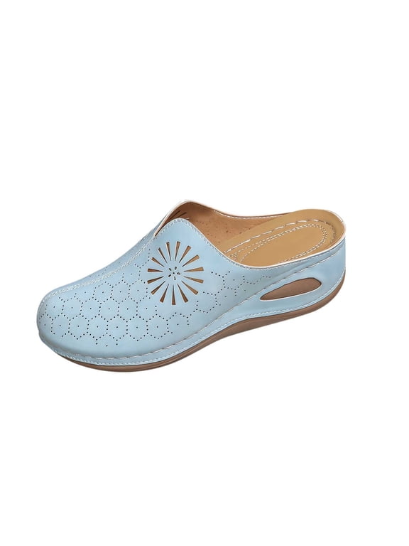Women's Fashion Casual Hollow Solid Color Baotou Sandals Thick Bottom Half Slippers Wedge Heels Slippers Shoes Sky Blue 6