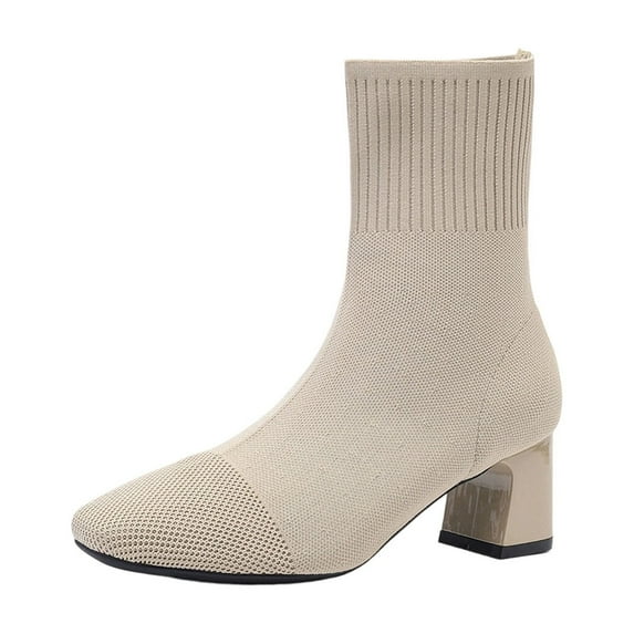 KEGIRLOM Women's Fashion Casual Knitted Elastic Socks Boots Solid Color Pointed Toe Heel High Heel Ankle Boots Beige Size 7