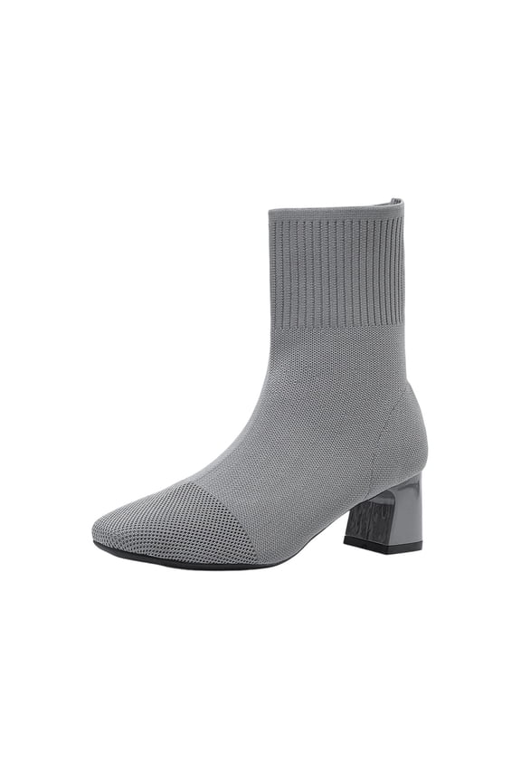 Women's Fashion Casual Knitted Elastic Socks Boots Solid Color Pointed Toe Heel High Heel Ankle Boots Gray Size 9