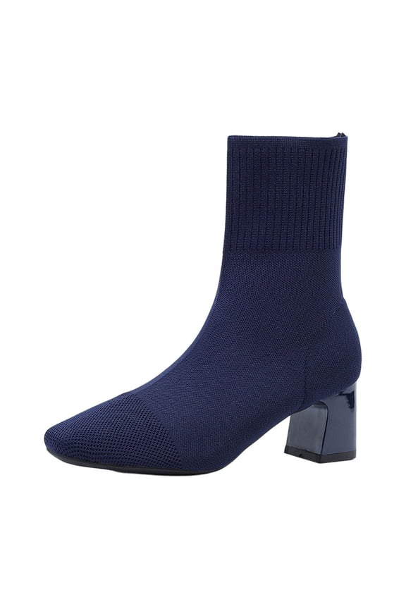 Women's Fashion Casual Knitted Elastic Socks Boots Solid Color Pointed Toe Heel High Heel Ankle Boots Navy Size 6.5
