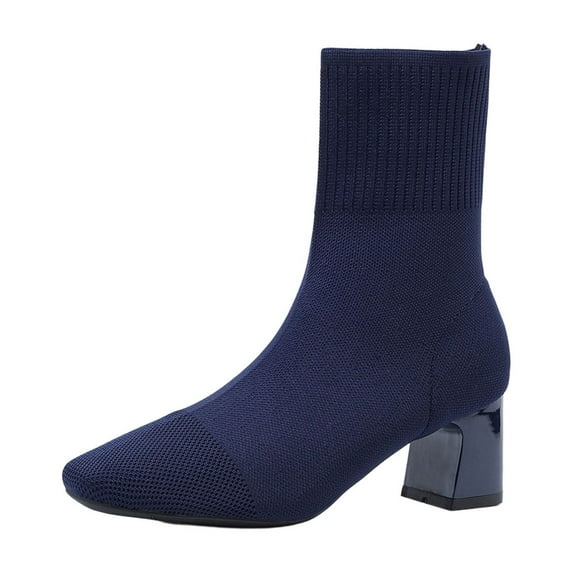 KEGIRLOM Women's Fashion Casual Knitted Elastic Socks Boots Solid Color Pointed Toe Heel High Heel Ankle Boots Navy Size 6