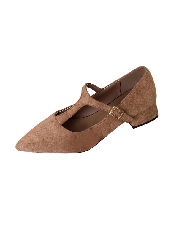 Women's Fashion Casual Oversized T-bar Pointed Toe Flats French Thick Heel Mid-Heel Shoes Khaki 9