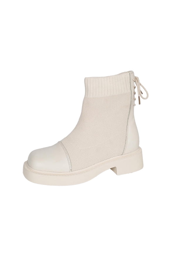 Women's Fashion Casual Short-Barrel Boots Solid Color Splicing Flying Mesh One-Foot Round Toe Heel Mid-Heel Ankle Boots Beige 6