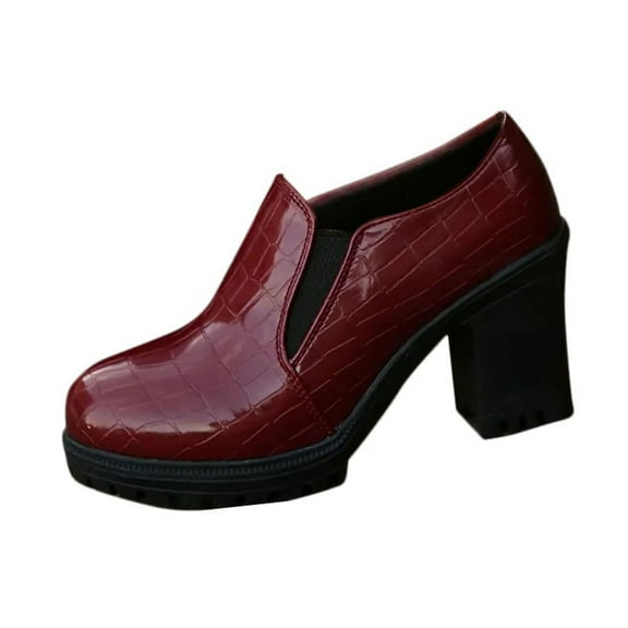 KEGIRLOM Women's Fashion Casual Solid Color Pattern Versatile Round Toe Shallow Mouth Thick Heel Loafer High Heels Red Size 8.5