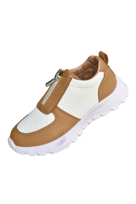 Women's Fashion Casual Spring And Fall Color Matching Front Zipper Lazy Shoes Sneakers Brown Size 5.5